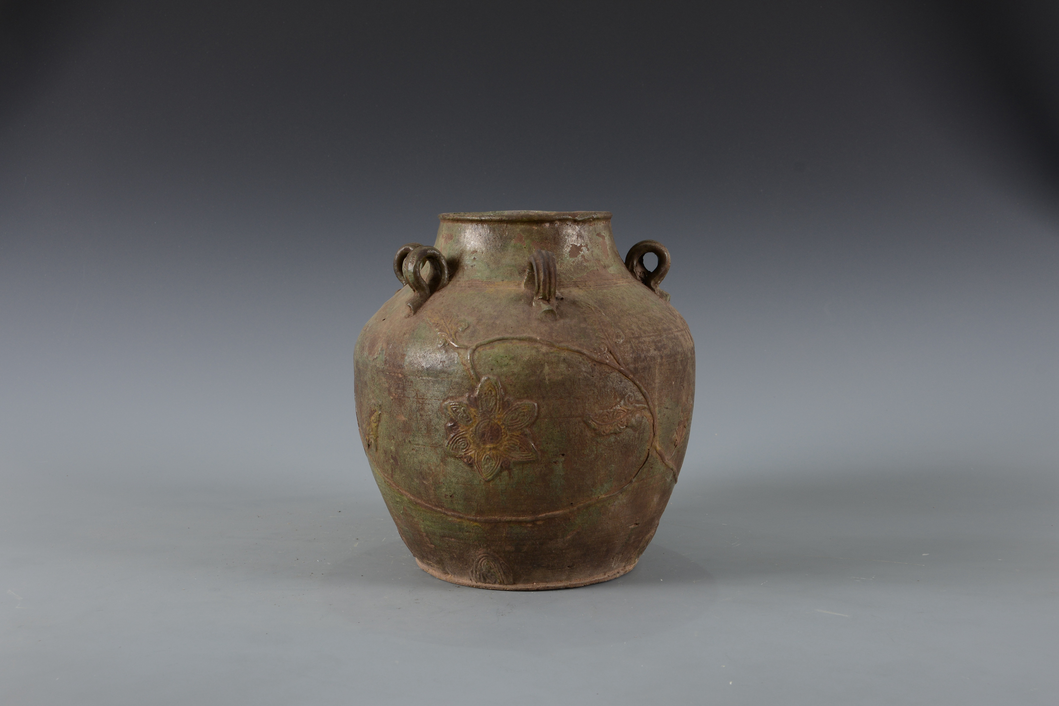 明素三彩剔花花卉五系陶罐