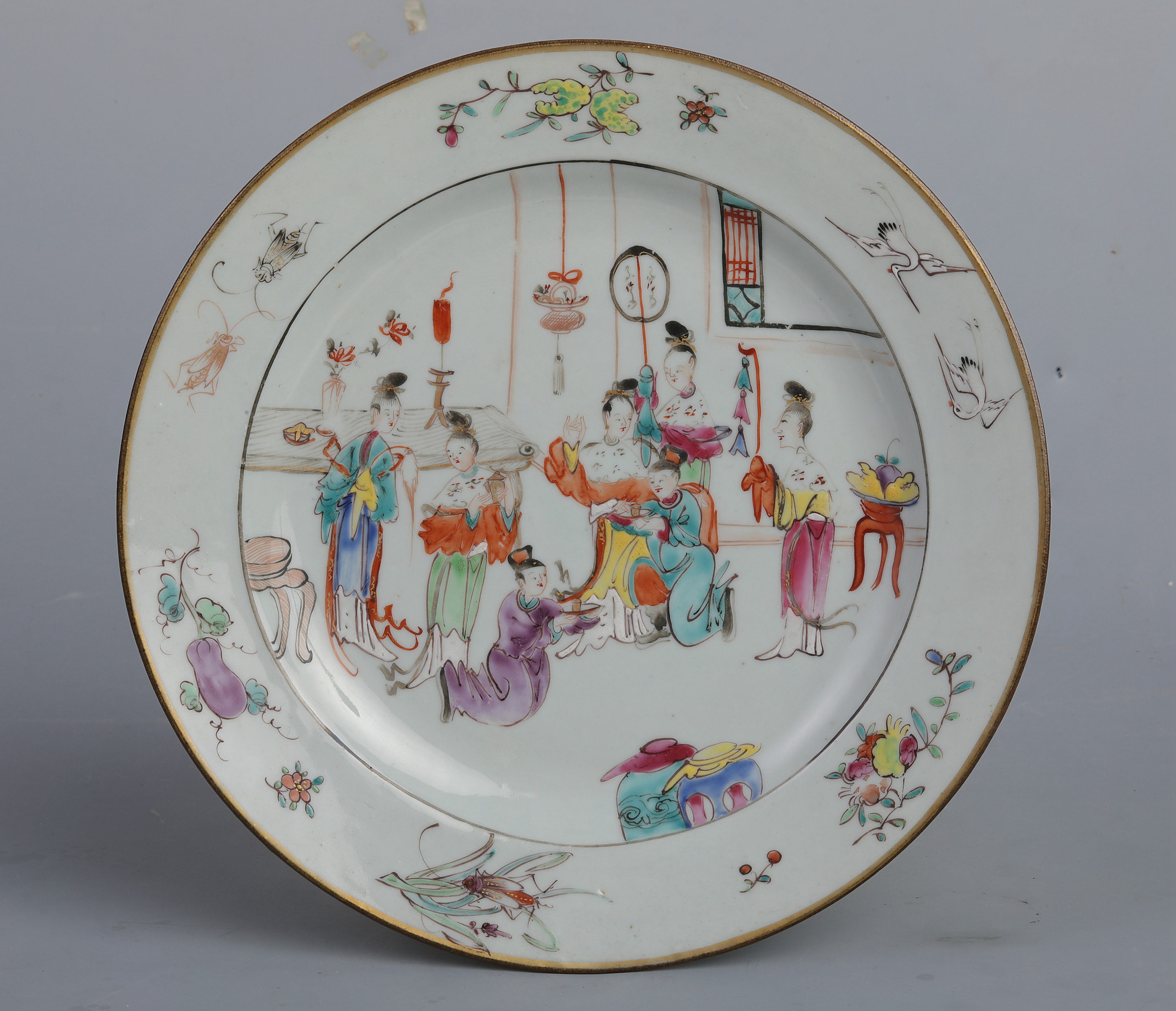 清乾隆廣彩花鳥人物紋碟